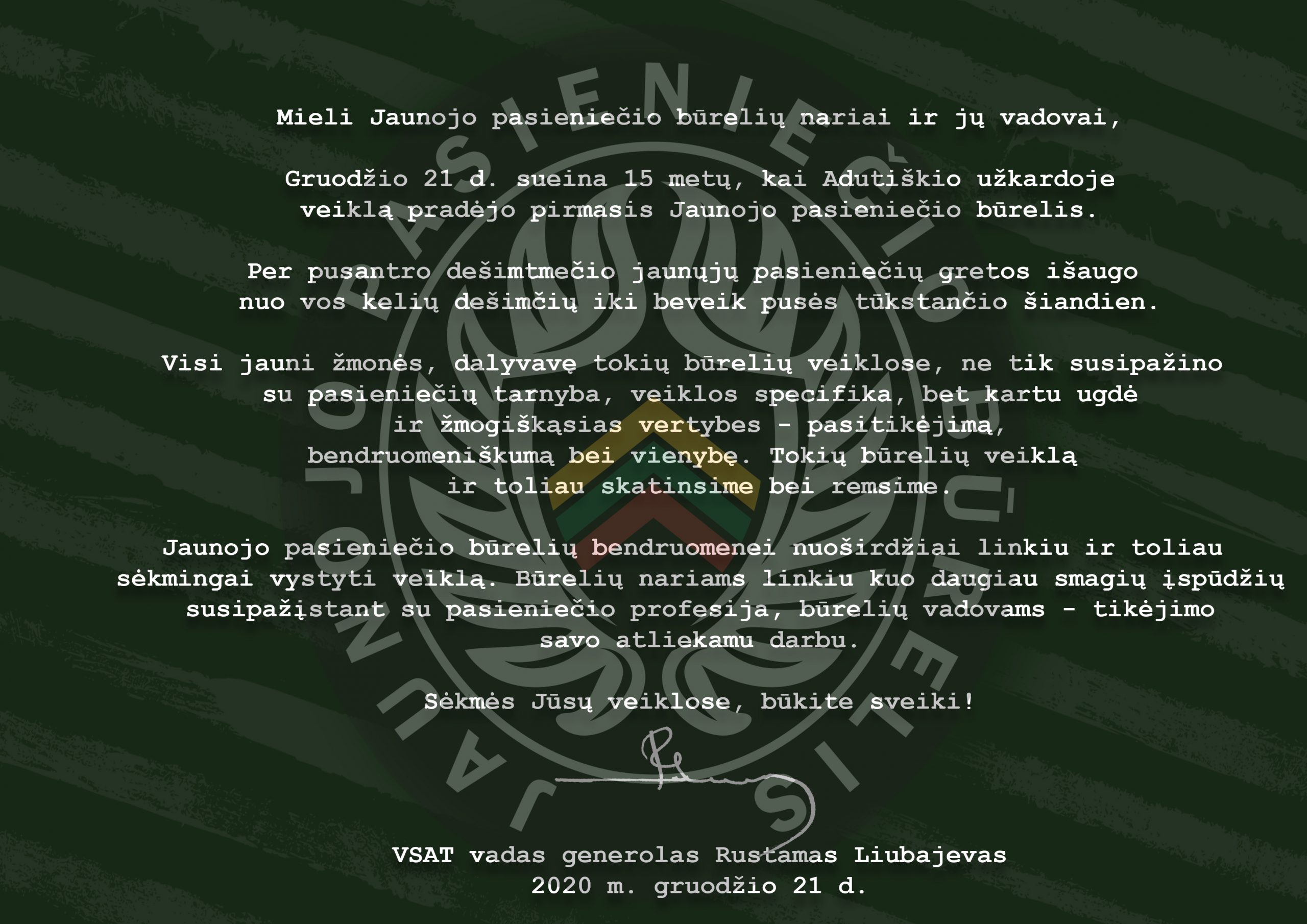 VSAT vado sveikinimas Jaunojo pasieniečio būrelių bendruomenei!